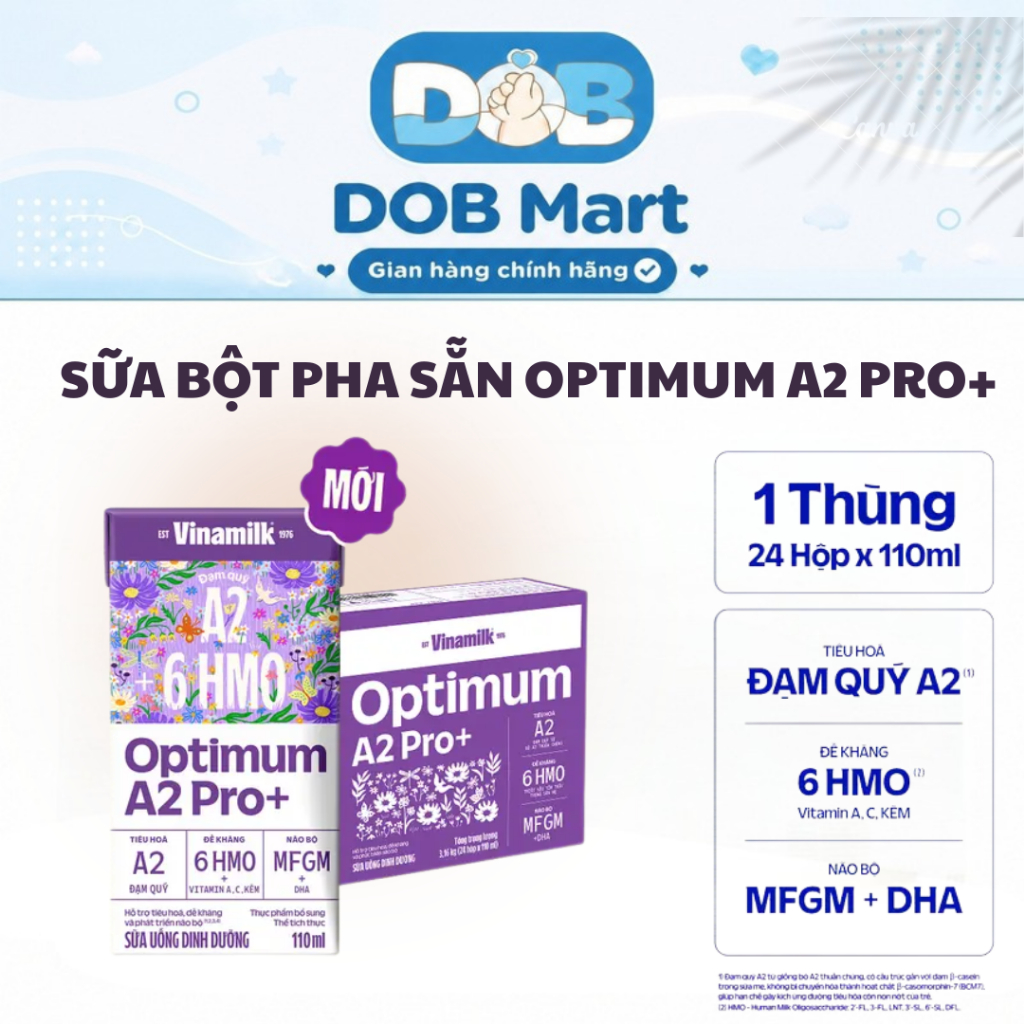 Optimum A2 Pro+ Sữa Uống Dinh Dưỡng 110ml Thùng 24 Hộp Hỗ Trợ Tiêu Hóa & Đề Kháng DOB