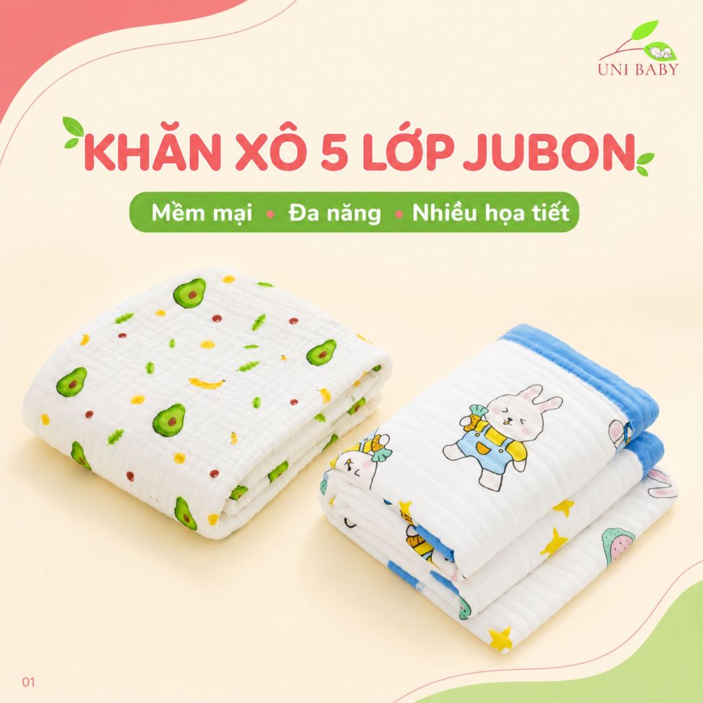 Khăn tắm xô 5 lớp Jubon cho bé sơ sinh, khăn quấn, khăn ủ, chăn đắp cotton mềm mại 100x110cm