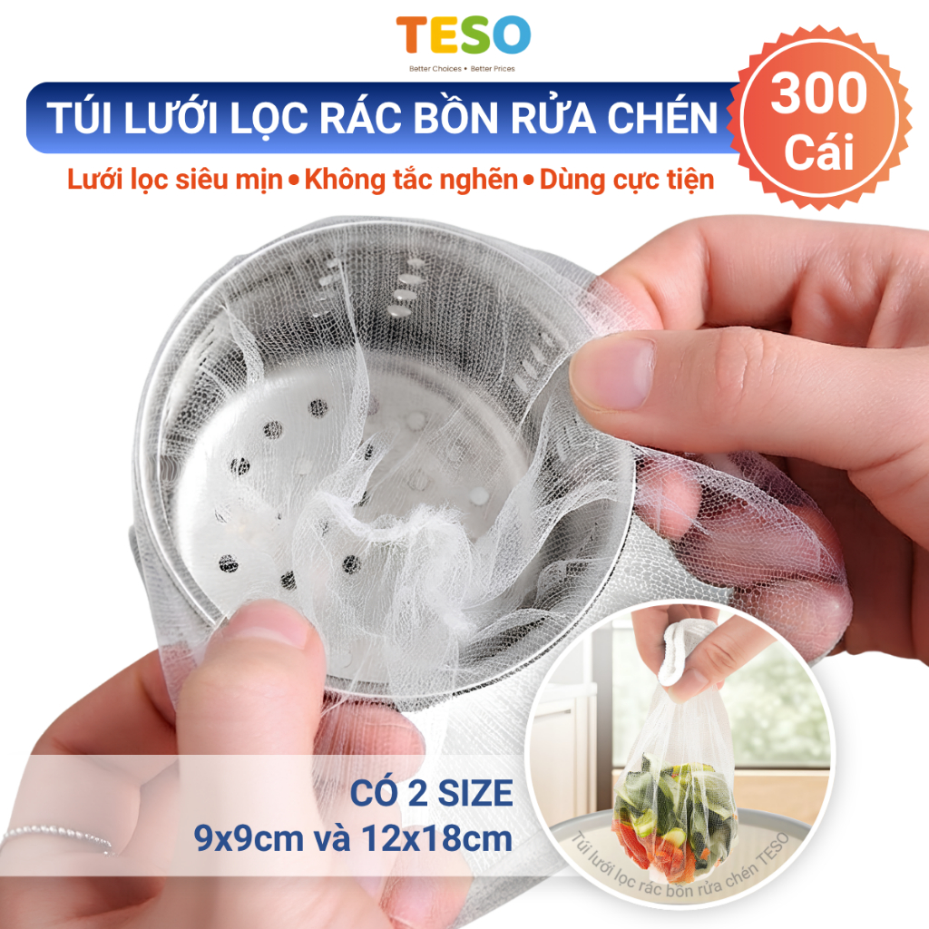 (2 SIZE) Gói 300 Túi Lưới Mịn Lọc Rác Bồn Rửa Chén TESO - Lưới Lọc Cặn Bẩn, Thức Ăn Ngăn Tắc Cống
