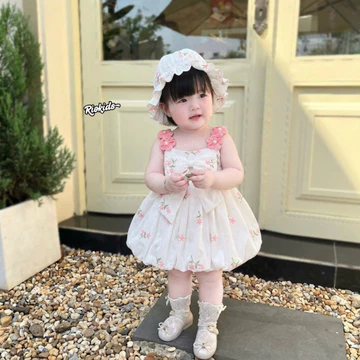 3-11kg Váy đầm bí công chúa thêu hoa hồng RIOKIDS quần áo cho bé gái sơ sinh đầy tháng thôi nôi TT53