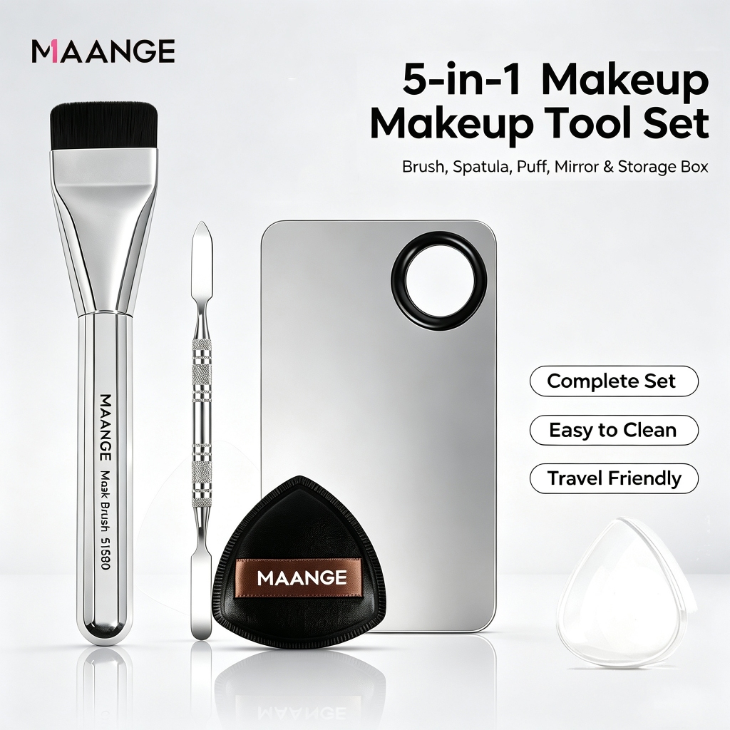 MAANGE Bộ cọ trang điểm nền + Khay đựng mỹ phẩm bằng thép không gỉ 2 trong 1 1614+51580