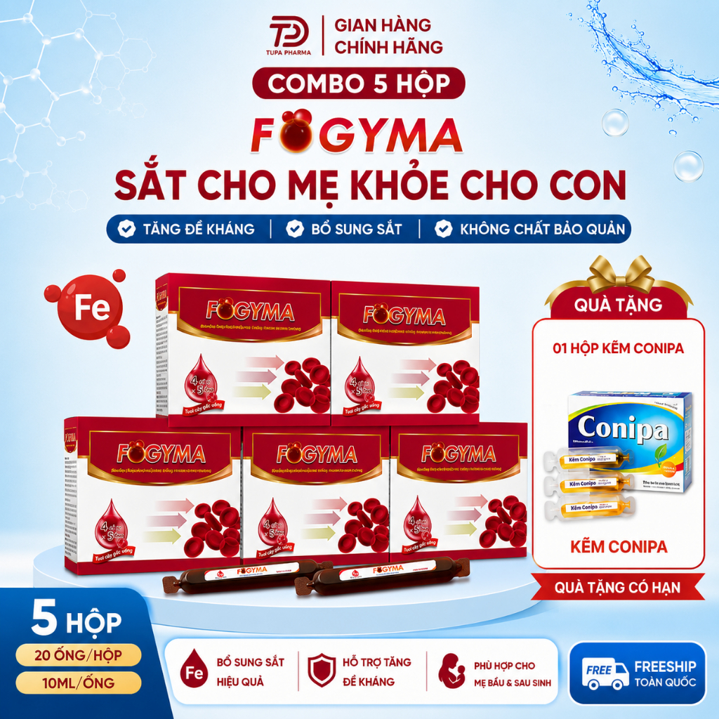 Combo 5 hộp Fogyma Sắt Nước Hữu Cơ Không Tanh Bổ Sung Sắt Cho Mẹ Bầu, Phụ Nữ Sau Sinh | Sắt Hữu Cơ Cho Bầu