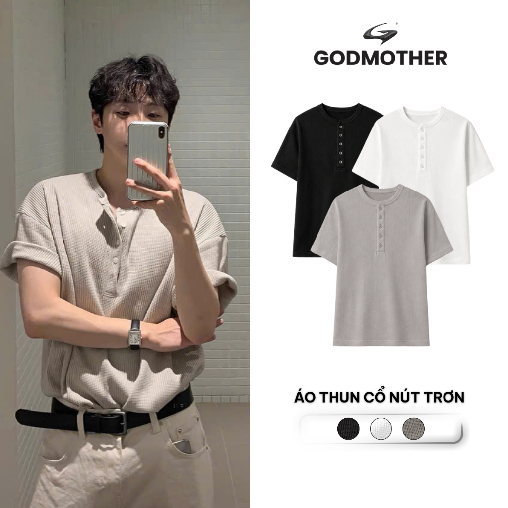 Áo Thun Cổ Tròn Nút Trơn GODMOTHER Thun Trơn Tổ Ong Thoáng Mát Unisex Phong Cách Hàn Quốc Basic Casual | BigBuy360 - bigbuy360.vn