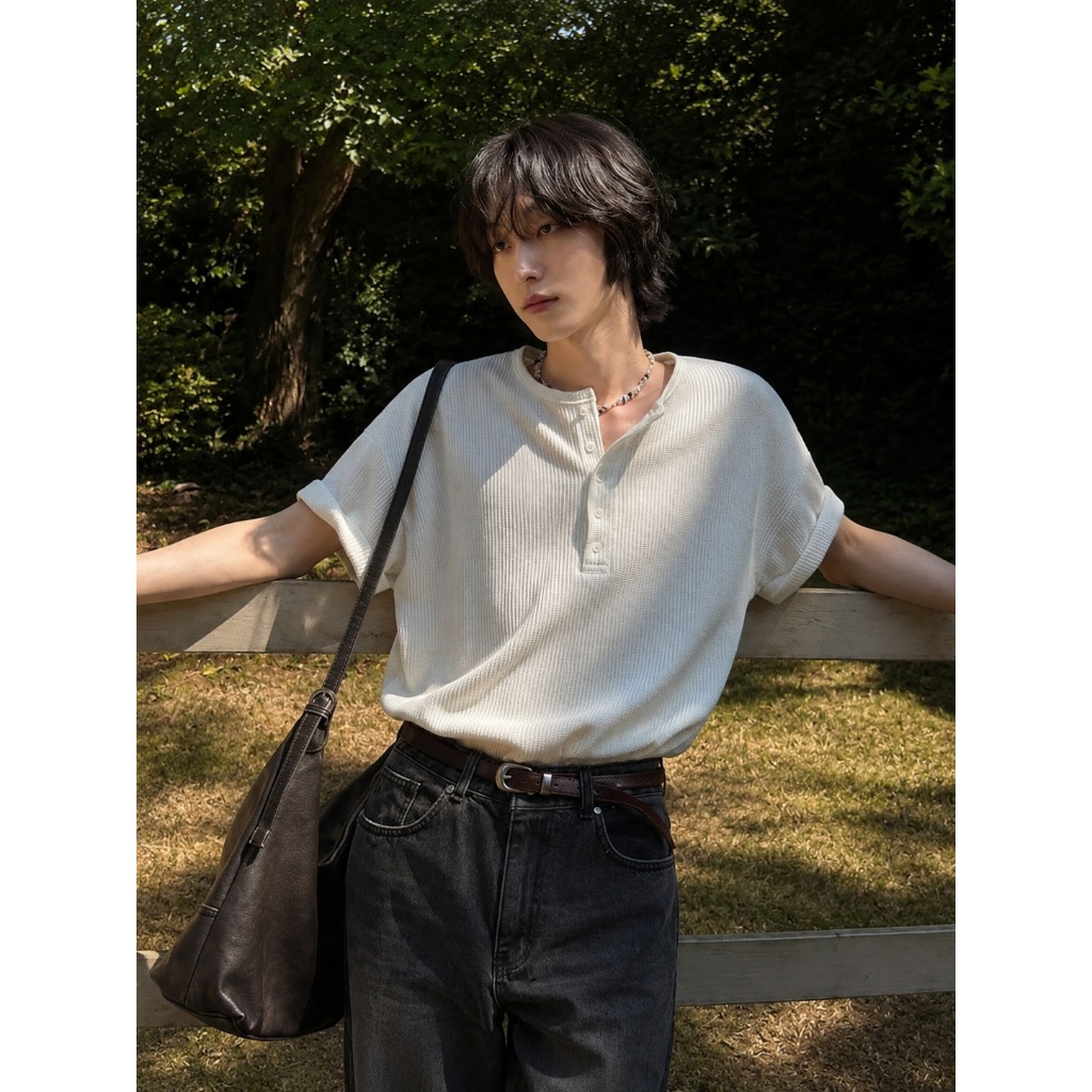 Áo Thun Cổ Tròn Nút Trơn GODMOTHER Thun Trơn Tổ Ong Thoáng Mát Unisex Phong Cách Hàn Quốc Basic Casual | BigBuy360 - bigbuy360.vn