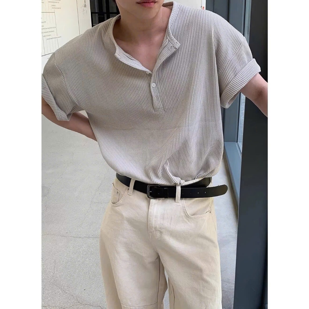 Áo Thun Cổ Tròn Nút Trơn GODMOTHER Thun Trơn Tổ Ong Thoáng Mát Unisex Phong Cách Hàn Quốc Basic Casual | BigBuy360 - bigbuy360.vn