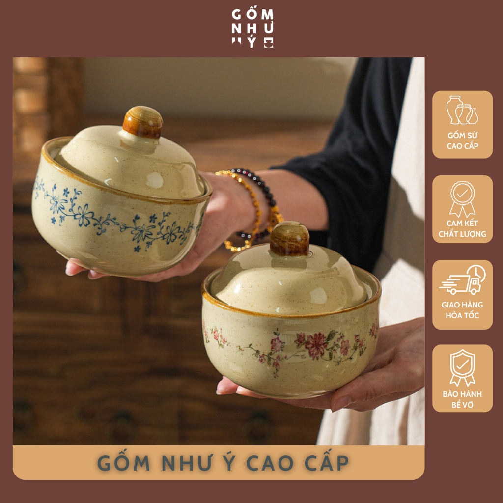 Bát Sứ Có Nắp Hầm Cách Thủy – Hũ Sứ Chưng Tổ Yến, Súp, Canh Dinh Dưỡng, Hoa Văn Vẽ Tay Thủ Công