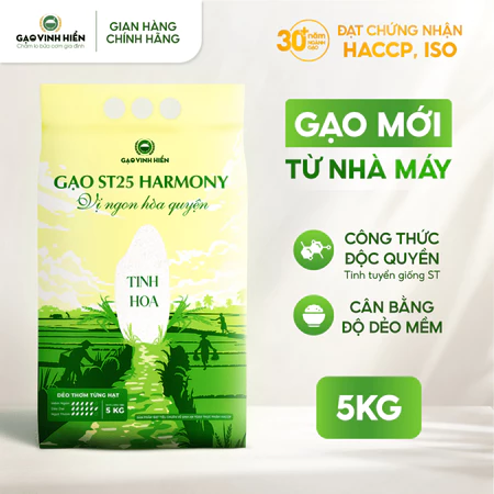 Gạo ST25 Harmony Vinh Hiển 5KG - Dẻo mềm, thơm ngon, cao cấp - Vị ngon hòa quyện - Gạo nấu cho bé, gạo cho bé ăn dặm