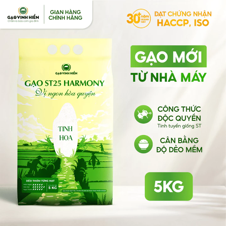 Gạo ST25 Harmony Vinh Hiển 5KG - Dẻo mềm, thơm ngon, cao cấp - Vị ngon hòa quyện - Gạo nấu cho bé, gạo cho bé ăn dặm