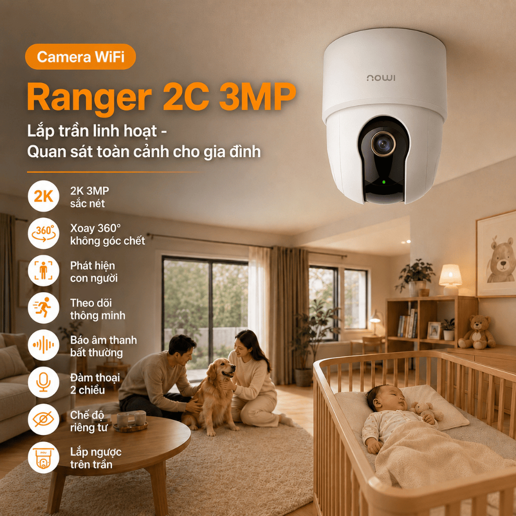 Camera WiFi trong nhà Imou Ranger 2C 3MP: Xoay 360° - Đàm thoại 2 chiều