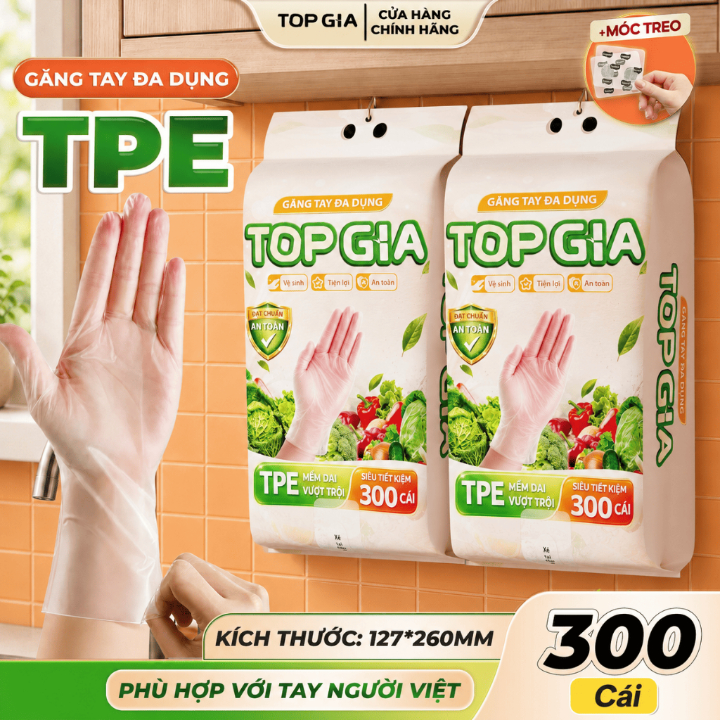 (BỊCH LỚN 300 CÁI- SIÊU DAI) Găng tay TPE treo tường dạng rút đa dụng tặng kèm móc treo phù hợp với tay người Vệt