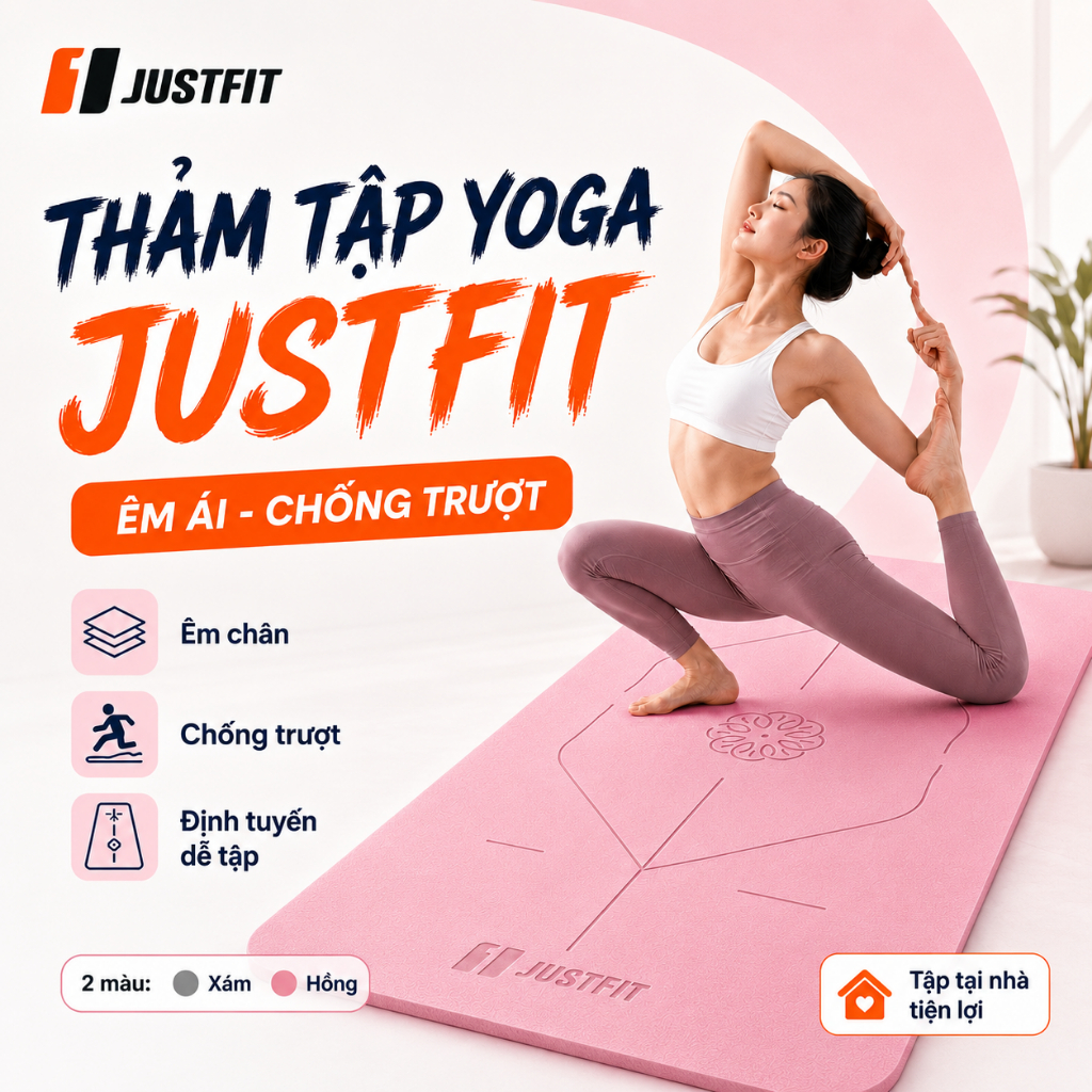 Thảm Tập Yoga JUSTFIT TPE 7mm Chống Trượt 2 Mặt, Vạch Định Tuyến, Đàn Hồi Êm Ái 183x61cm