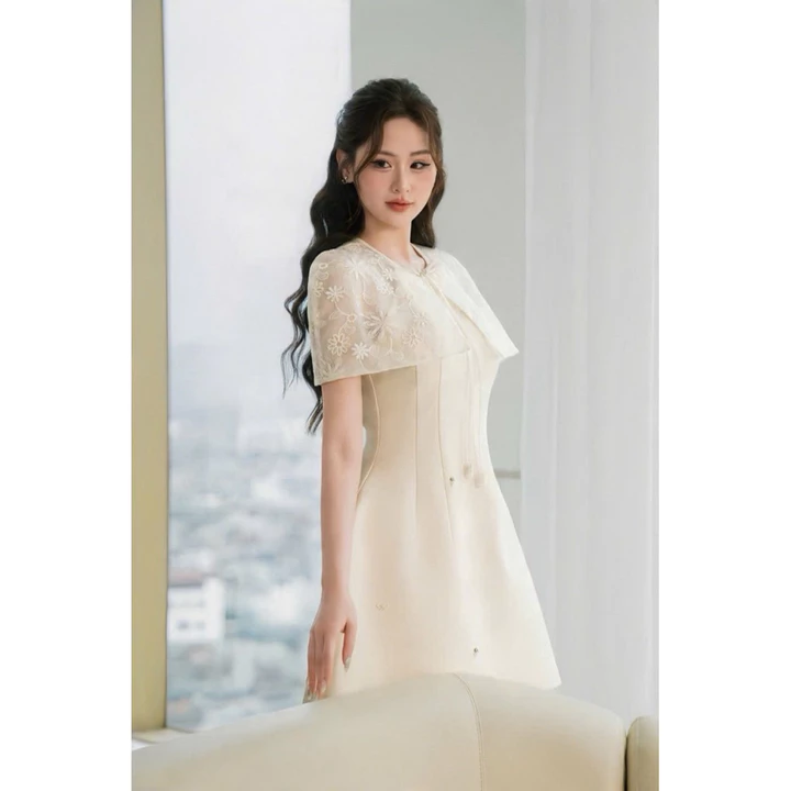 YUMI MAY - Váy thiết kế trẻ trung thanh lịch váy đính đá phối choàng cực đẹp #Y377