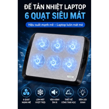 Đế Tản Nhiệt Laptop 6 Quạt Mạnh, Tản Nhiệt Nhanh, Chống Nóng Máy, Dùng Cho Laptop 13-17 Inch