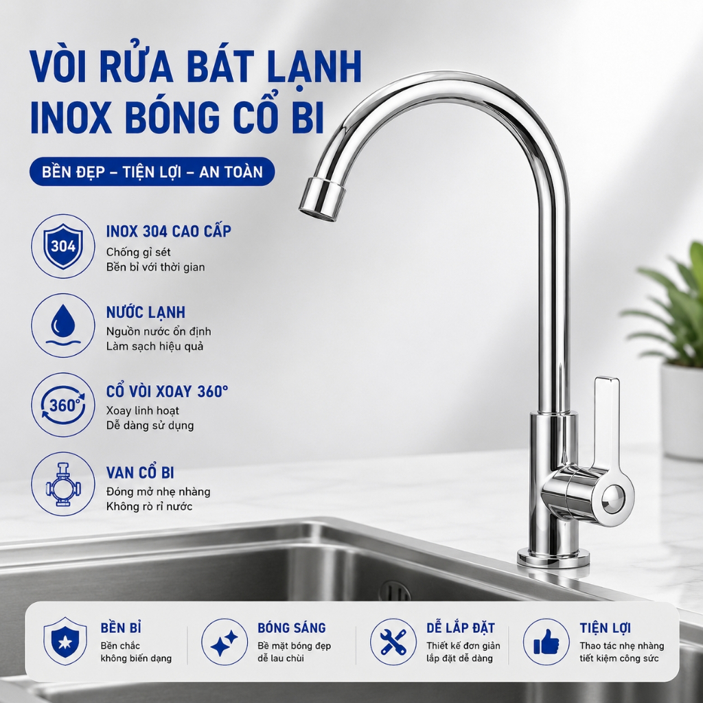 Bộ Vòi Bồn Rửa Chén Bát QMS 1 Đường Nước Lạnh Bóng Cổ Bi Chất Liệu Inox 304 Cao Cấp - VR050