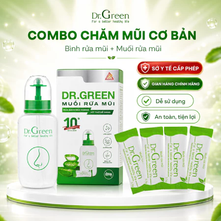 COMBO Chăm Mũi Cơ bản: Bình Rửa Mũi van kép + Muối nha đam Dr Green làm sạch, giảm nghẹt mũi, An toàn Cho Trẻ