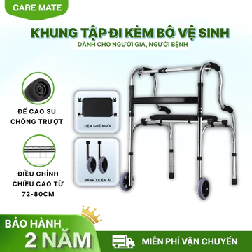Khung Tập Đi Cho Người Già Có Bô Vệ Sinh, Ghế Ngồi - Xe Tập Đi Gấp Gọn Cho Người Tai Biến Tập Phục Hồi Chức Năng Inox Ca