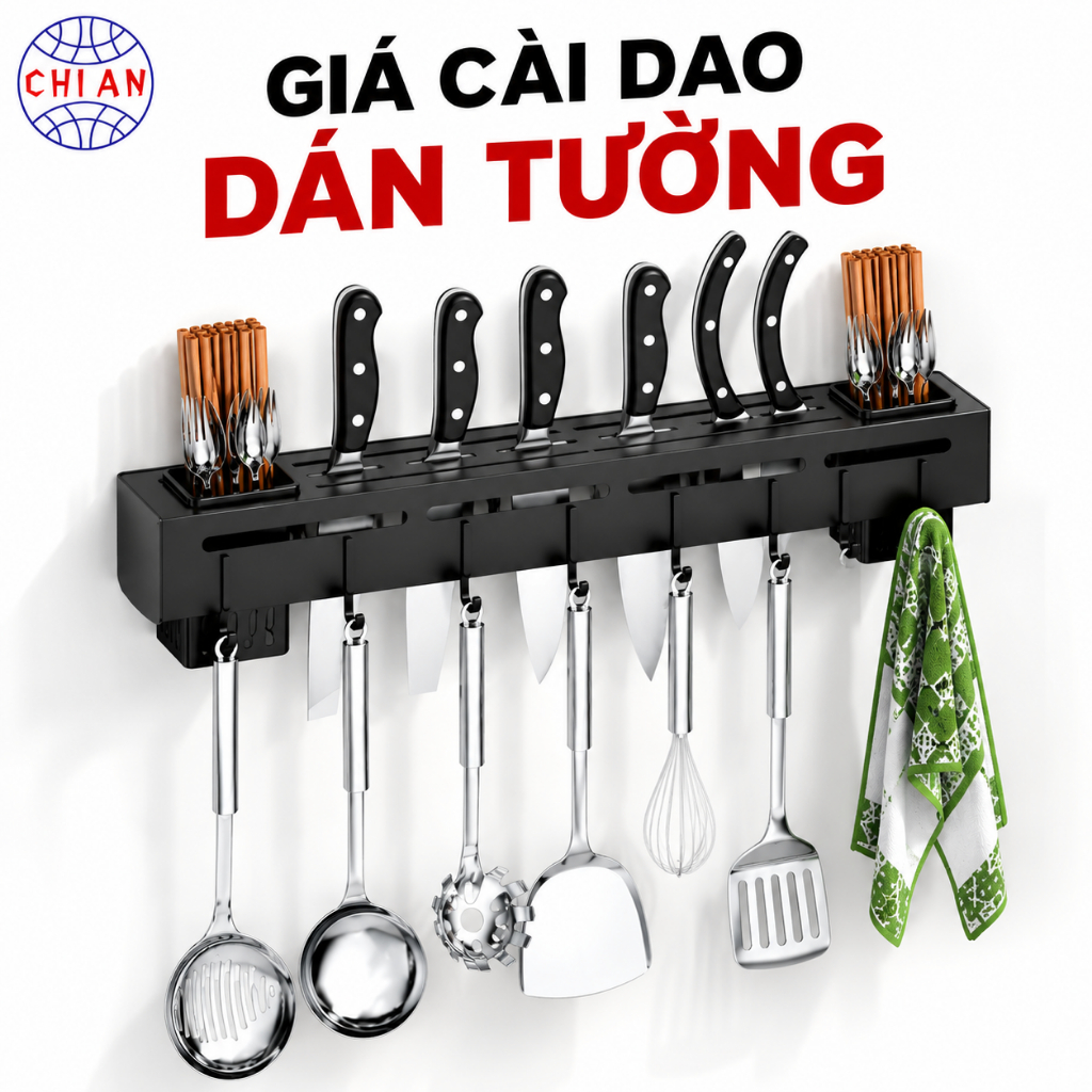 GIÁ CÀI DAO DÁN TƯỜNG THÉP 316 CAO CẤP CHỐNG RỈ - KHÔNG CẦN KHOAN, KÈM ỐNG ĐỰNG ĐŨA & MÓC TREO
