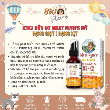 Mary Ruth’s Vegan Vitamin D3+K2 Liquid Spray - Mary Ruth’s Organic Toddler Vitamin D3+K2 Mỹ Cho Bé