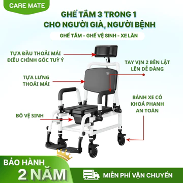 Ghế Ngồi Tắm Cho Người Già, Người Bệnh 3 Trong 1 - Ghế Vệ Sinh, Ghế Tắm Tích Hợp Bô Vệ Sinh Tiện Ích