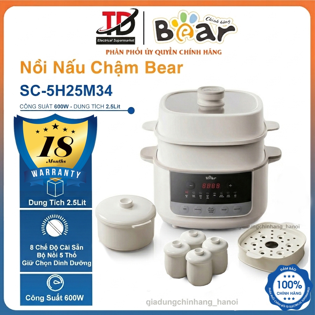 Nồi Nấu Chậm Bear SC-5H25M34, 2.5Lit Kèm Bộ 5 Thố Sứ Có Xửng Hấp 8 Chế Độ Nấu, Bảo Hành 18 Tháng