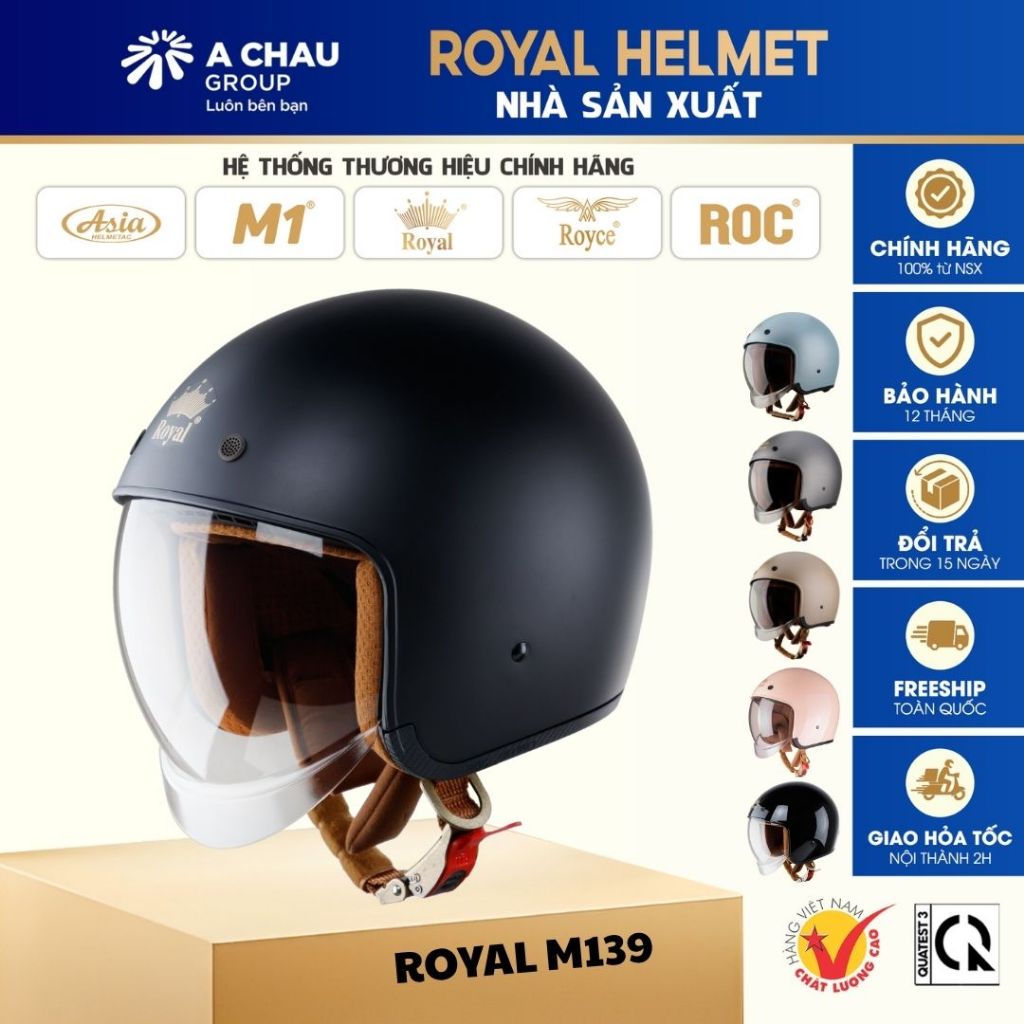 Mũ Bảo Hiểm 3/4 Royal M139 Kính Âm Chính Hãng - Size M L XL - Đi Xe Máy - Phù Hợp Nam Nữ - Bh 12T