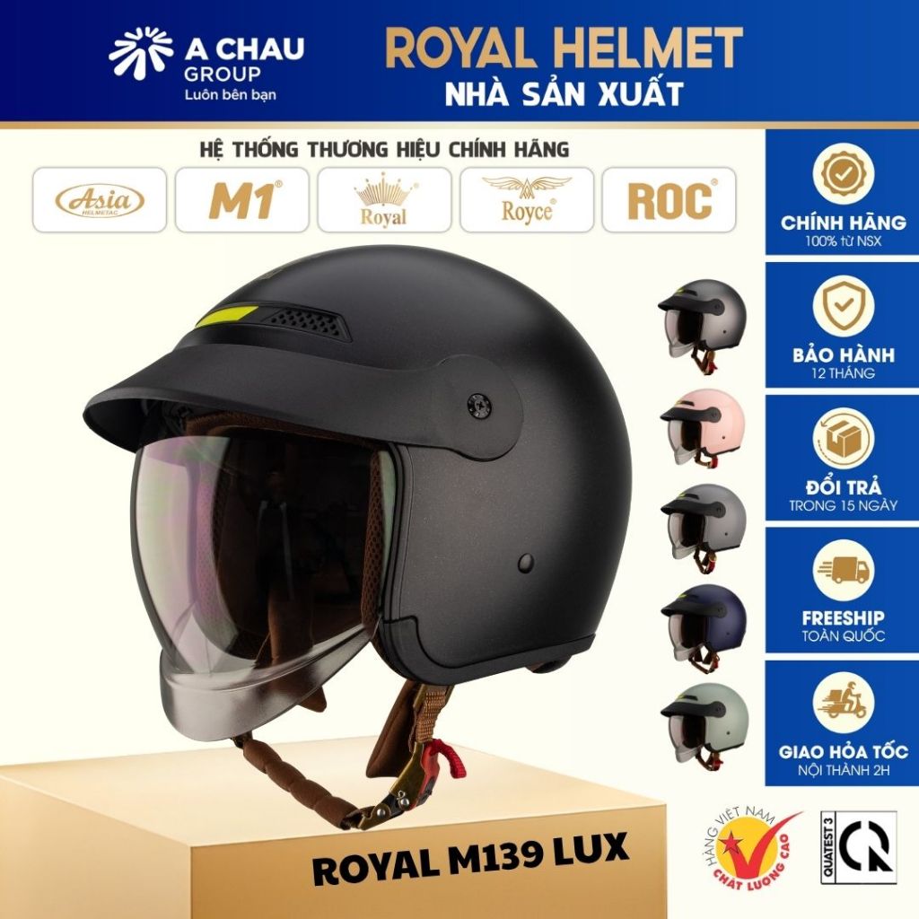 Mũ bảo hiểm 3/4 Royal M139 Lux kính âm lưỡi trai, nam và nữ đi xe máy, BH 12 tháng tại Nhà Sản Xuất