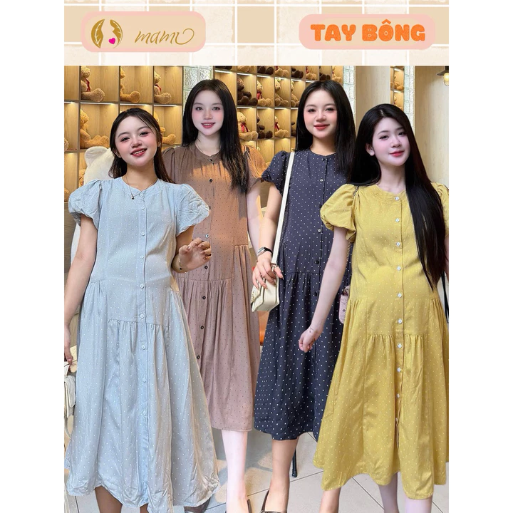 Váy bầu dáng suông chấm bi chất Linen mềm, váy bầu mùa hè, váy bầu dáng suông dài thiết kế Mami