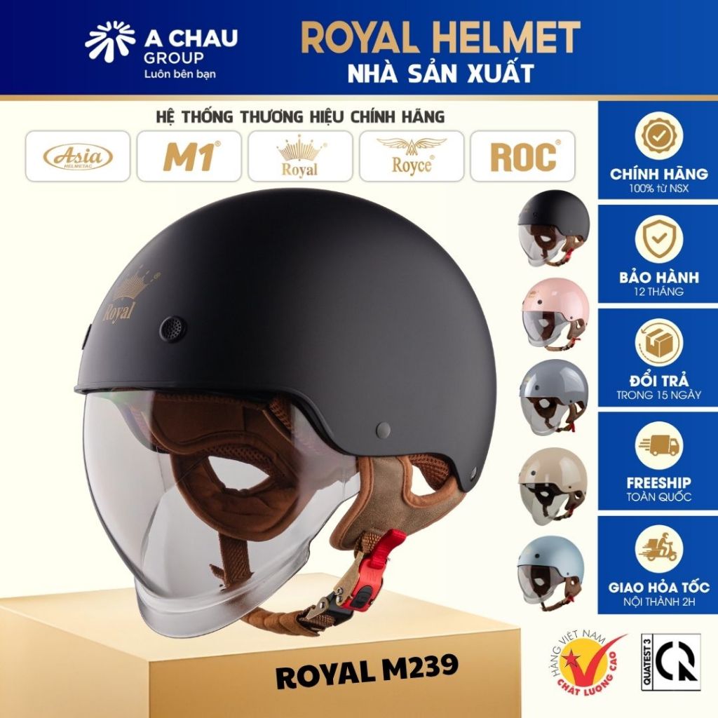 Mũ Bảo Hiểm Royal M239 Nửa Đầu Kính Âm - Size M L XL XXL - Cho Nam Nữ - Đi Xe Máy Chính Hãng