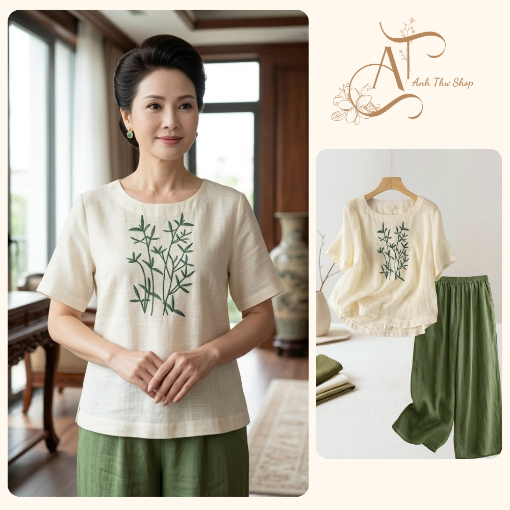 Bộ Đồ Đũi Thêu Cành Trúc Trung Niên Nữ Cao Cấp - Set Áo Đũi Phối Quần Suông Mát Nhẹ, Thanh Lịch -  Anh Thư Shop (AT26)