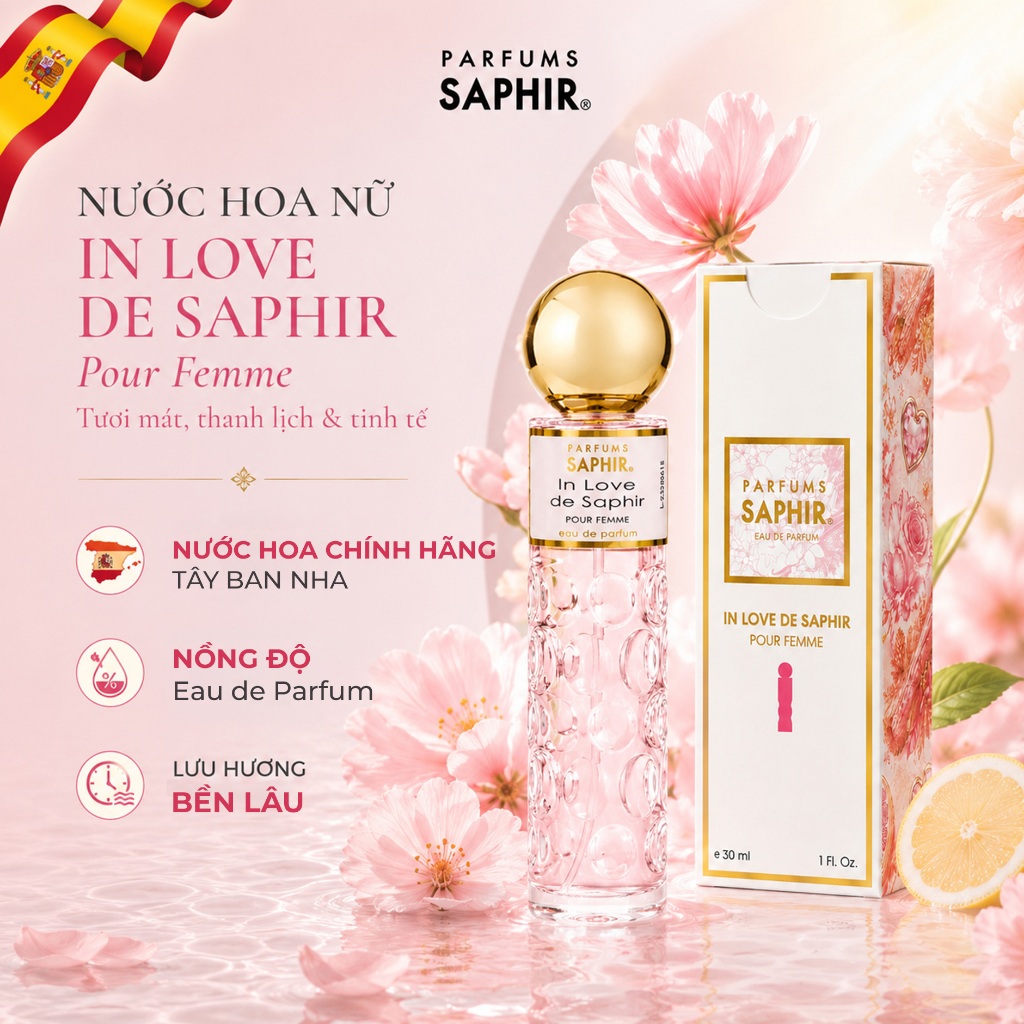 Nước Hoa Nữ Parfums Saphir In Love Hương Trái Cây Thanh Lịch Tinh Tế Lưu Hương Bền Lâu 30ml