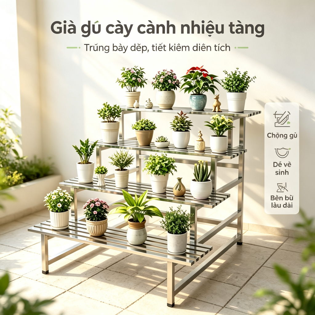 Giá trưng bày cây cảnh dạng bậc thang, Giá đỡ chậu cây nhiều tầng bằng thép không gỉ