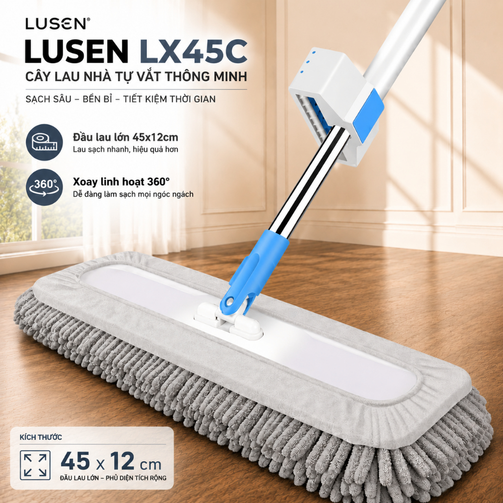 Cây Lau Nhà Tự Vắt LUSEN LX45C, Chổi Lau Nhà Tự Vắt Thông Minh Xoay 360 Độ, 2 Miếng Lau