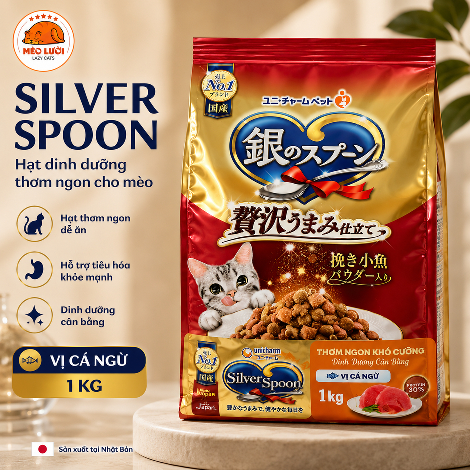 [ĐƠN 249K TẶNG CÁT] [1kg] Thức Ăn Hạt Cho Mèo Silver Spoon Unicharm Vị Cá Ngừ, Sản Xuất Tại Nhật Bản