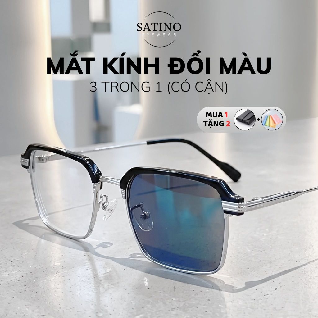 Mắt kính cận nam SATINO đổi màu chống ánh sáng xanh tia uv gọng kính vuông chữ nhật nửa viền kim loại cao cấp S10