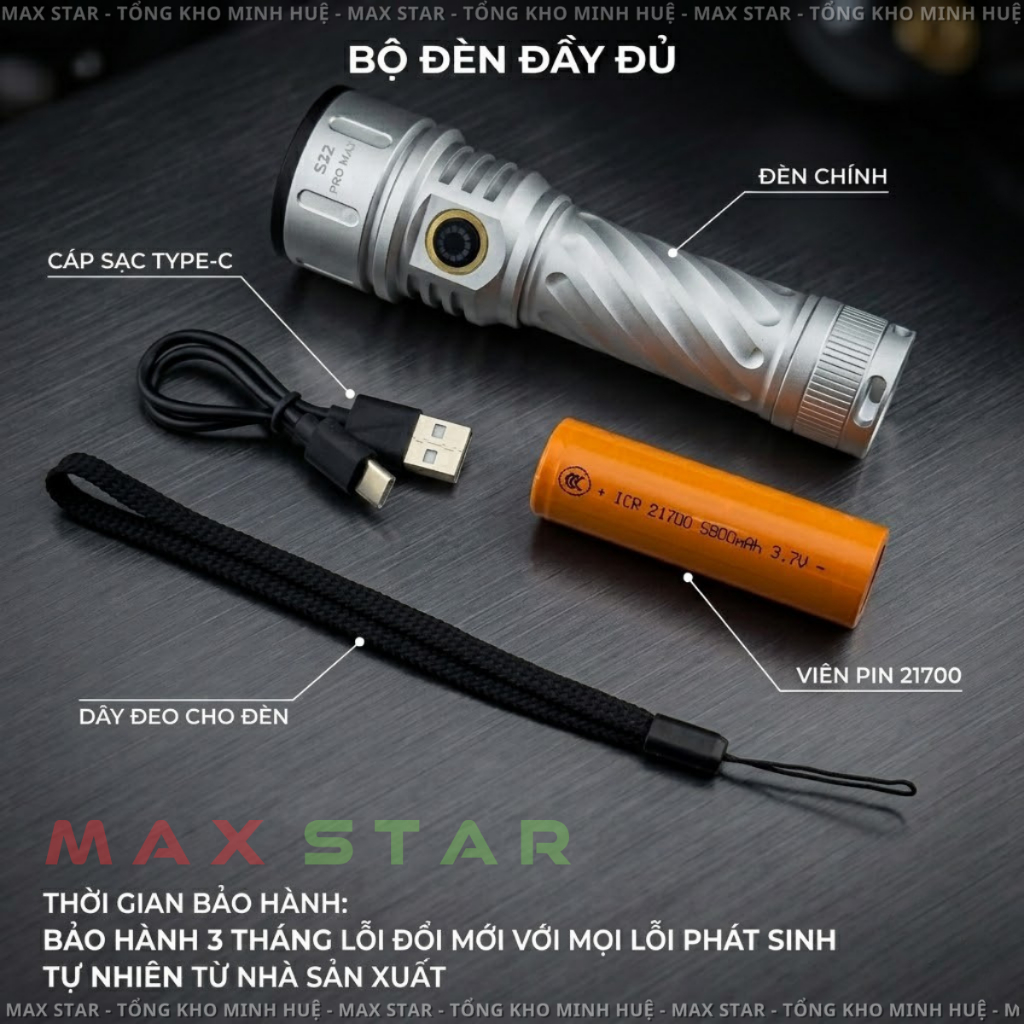 Đèn pin cầm tay siêu sáng 6500lumen MAX STAR S32 PRO MAX pin 21700 dung lượng cao 5000mAh sạc nhanh TYPE-C LED LHP531 | BigBuy360 - bigbuy360.vn