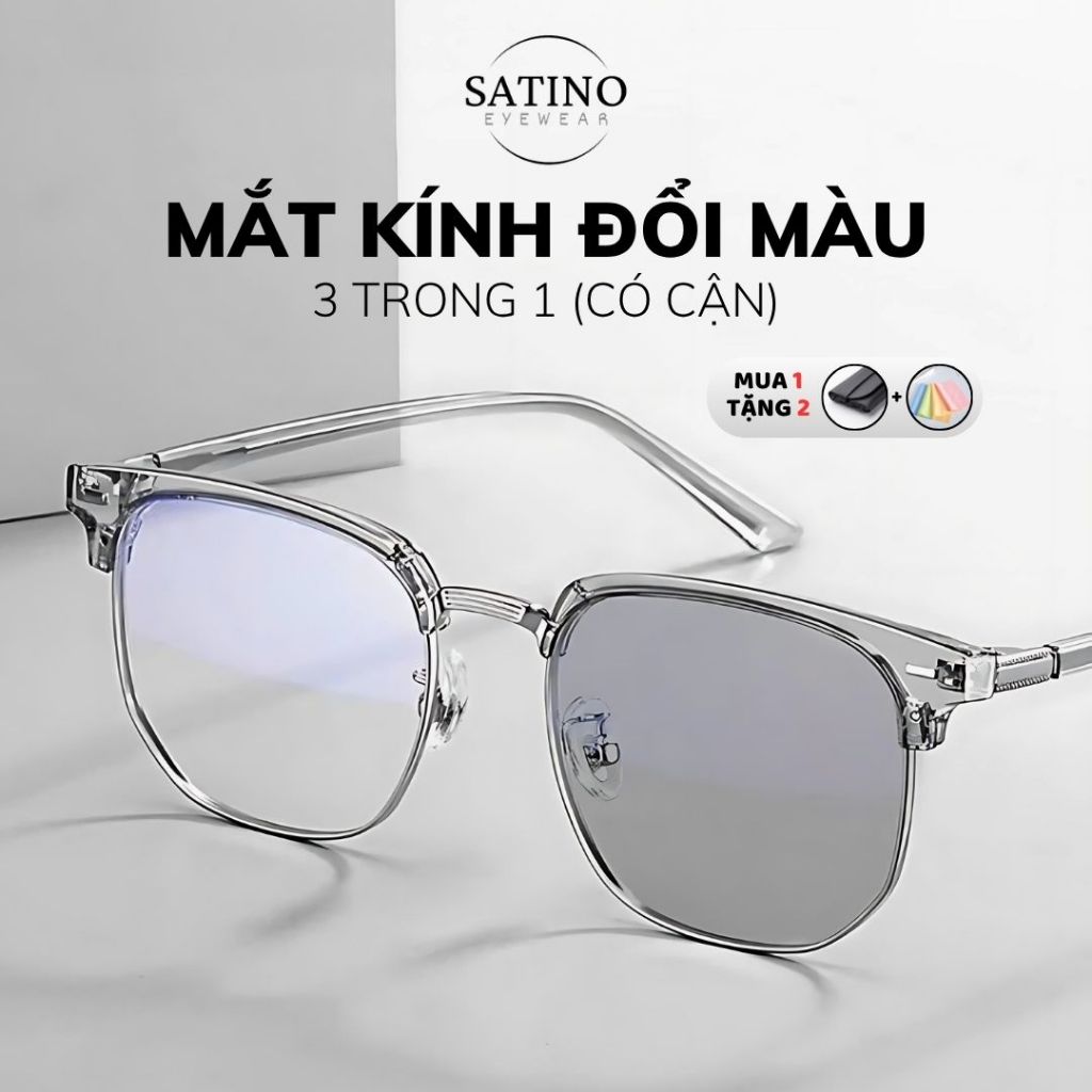 Kính mắt nam nữ SATINO gọng kính vuông đa giác nửa viền chống ánh sáng xanh tia uv kim loại phối nhựa S12