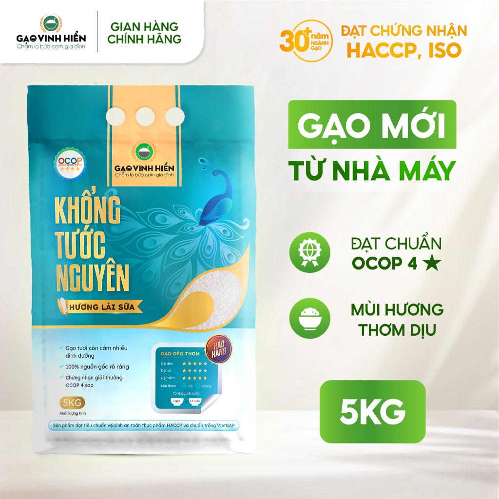 Gạo Hương Lài Sữa Khổng Tước Nguyên 5kg Vinh Hiển – Dẻo vừa, thơm, mềm cơm – gạo thơm ngon