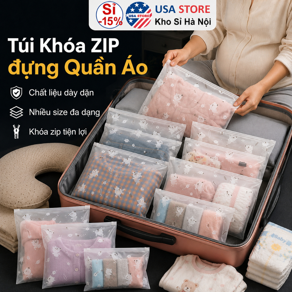 Combo 6 Túi Khóa Zip Cao Cấp Cho Shop Quần Áo- Zipper Lụa Đựng Quần Áo Đi Sinh Em Bé – Chống Bụi & Nước