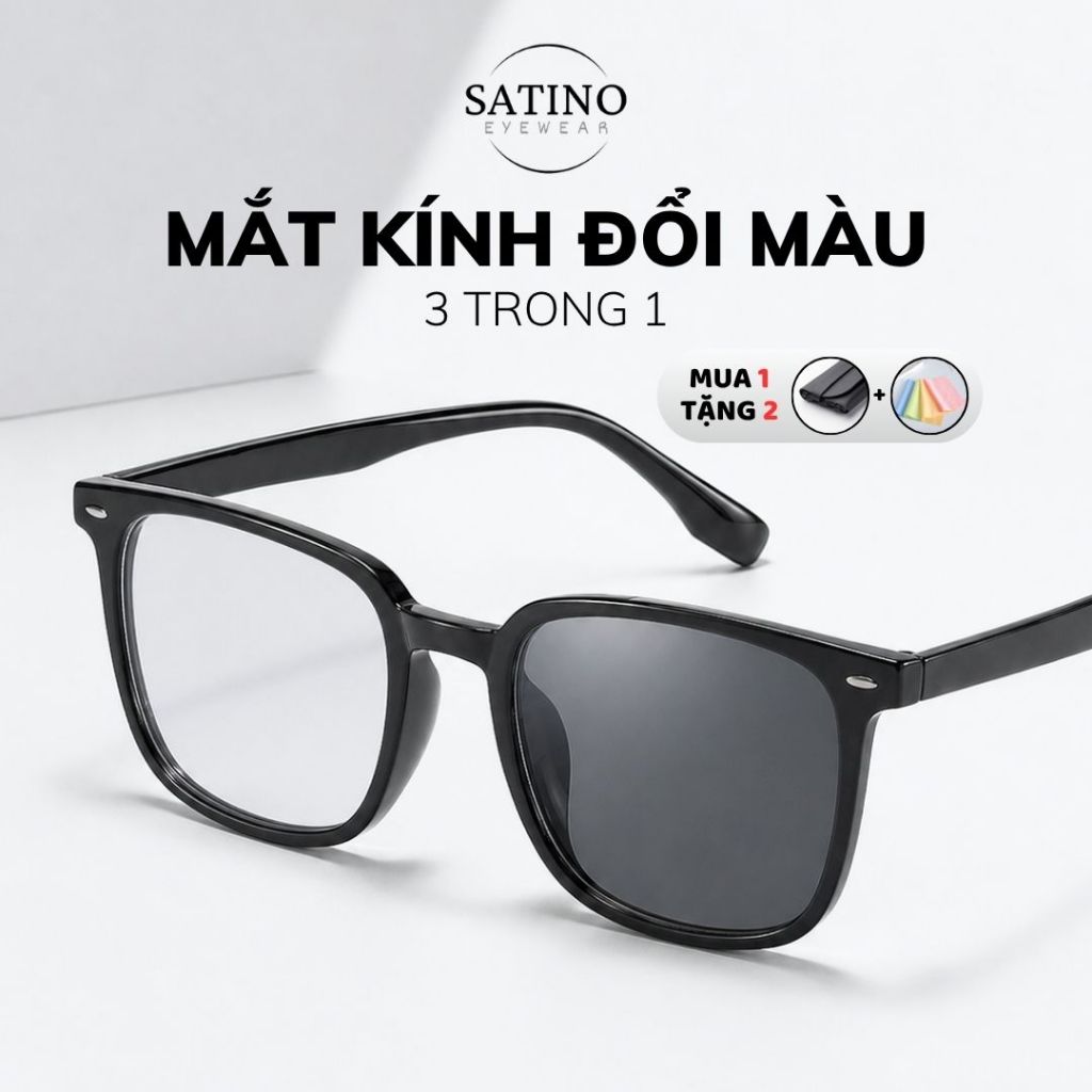 Gọng kính vuông SATINO chống ánh sáng xanh uv đổi màu mắt kính râm chữ nhật nguyên viền thời trang hàn quốc S16