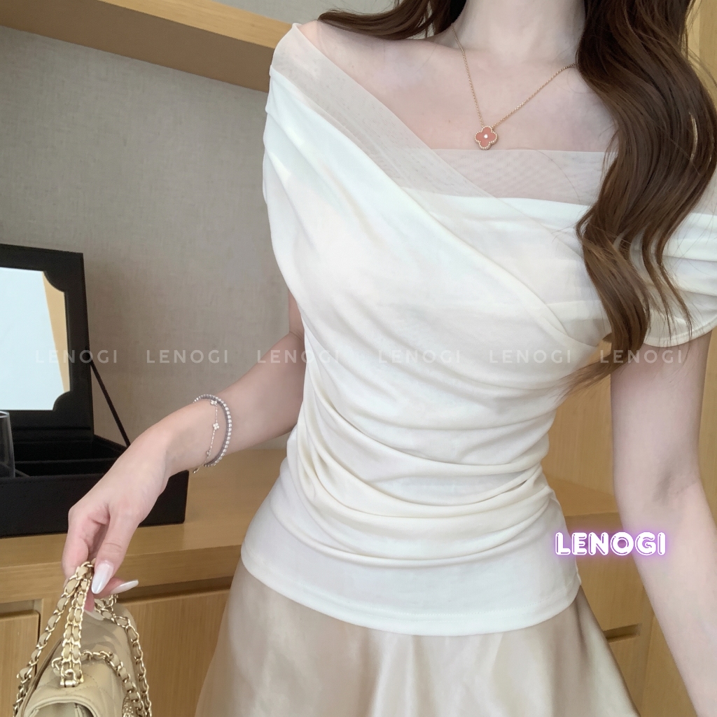 Áo trễ vai nữ LENOGI form ôm nhún eo, áo kiểu trễ vai bẹt vai đi biển đi chơi mùa hè dạo phố A61