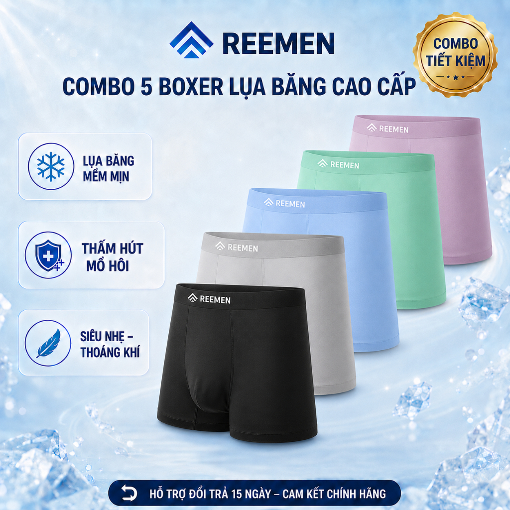 Combo 5 Boxer Basic REEMEN Lụa Băng Mặc Mát Co Giãn Tốt Không Bí Bách