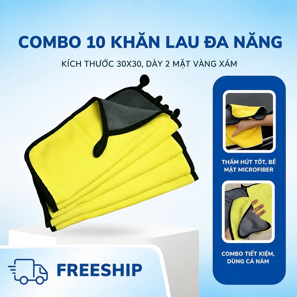 Combo 10 Khăn Lau Cấu Trúc Micro Fiber Thấm Hút Tốt, 2 Mặt Vàng Xám KT 30x30 Lau Bếp, Xe, Màn Hình