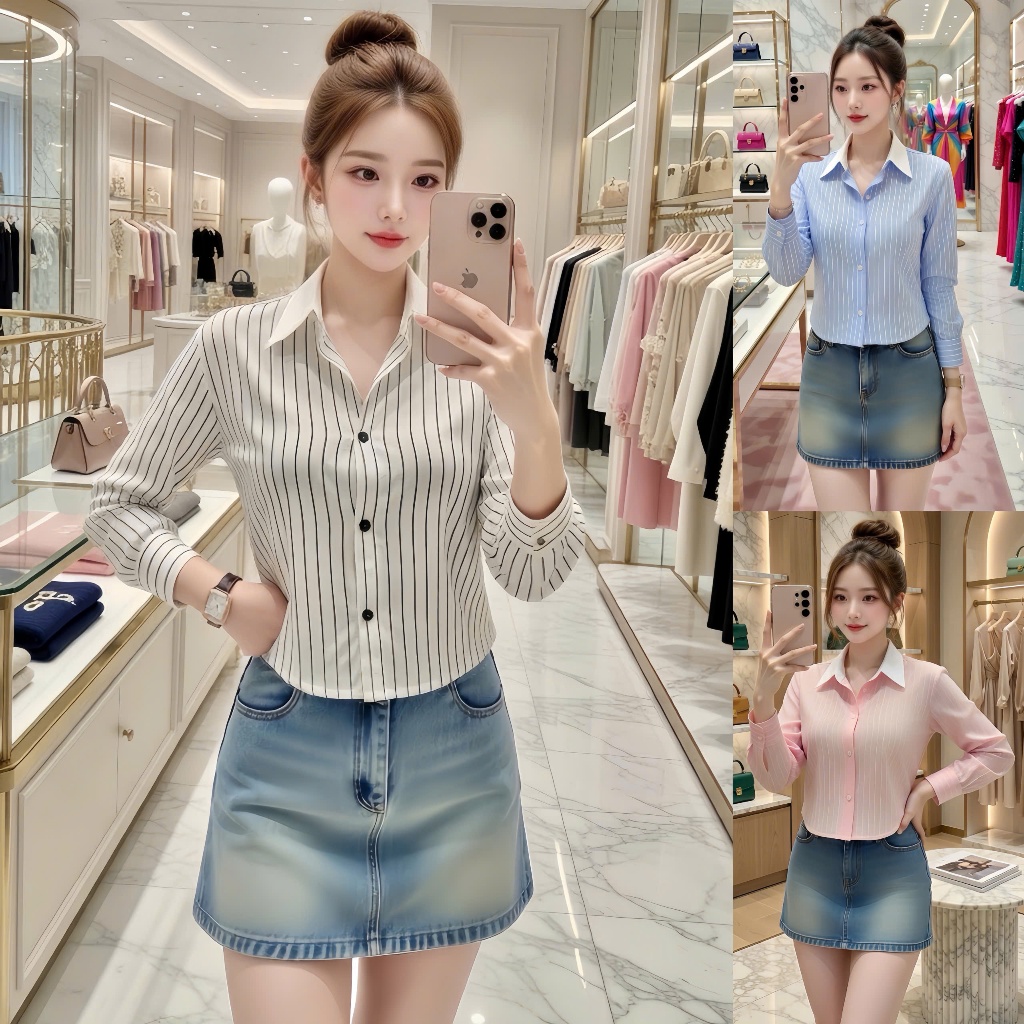 Áo sơ mi croptop form rộng, áo sơ mi nữ kẻ sọc tay dài