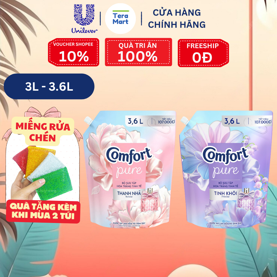 Nước Xả Vải Comfort Pure Thanh Nhã | Tinh Khôi – Túi 3L / 3.6L BST Hương Hoa Trắng Tinh Tế Mềm Vải