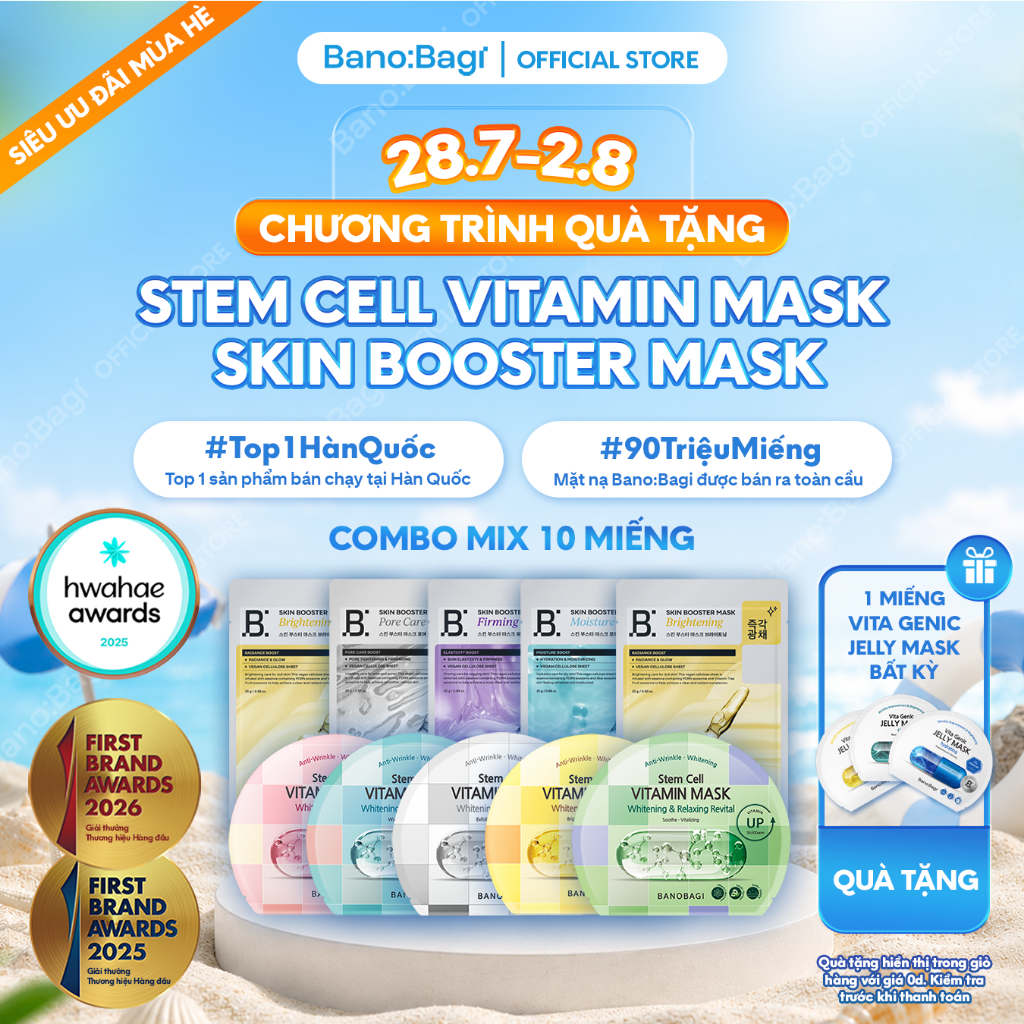 COMBO 10 Miếng Mặt Nạ Bano:Bagi Stem Cell & Skin Booster Chăm sóc Mọi Loại Da