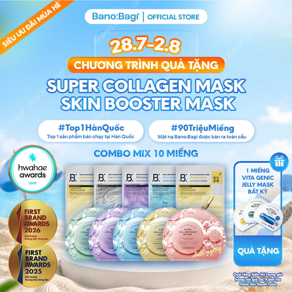 COMBO 10 Miếng Mặt Nạ Bano:Bagi Super Collagen & Skin Booster Chăm sóc Mọi Loại Da