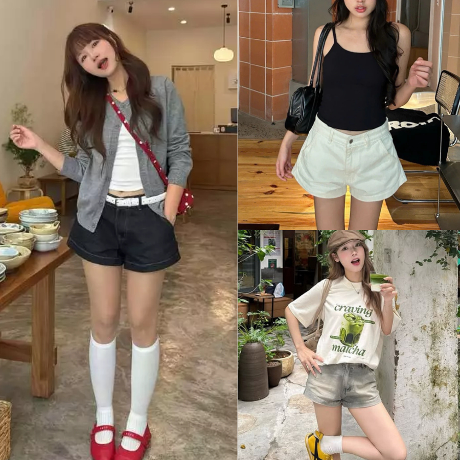Quần Đùi Cạp Trễ Ống Rộng Màu Trắng NAGUU Dáng Ngắn Quần Short Jean Trắng Cạp Thấp Basic Cá Tính y2k