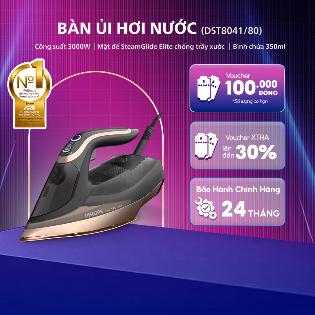 Bàn ủi hơi nước Philips DST8041/80 - Công suất 3000W - Ngăn chứa nước 350ml - Bảo hành 24 tháng