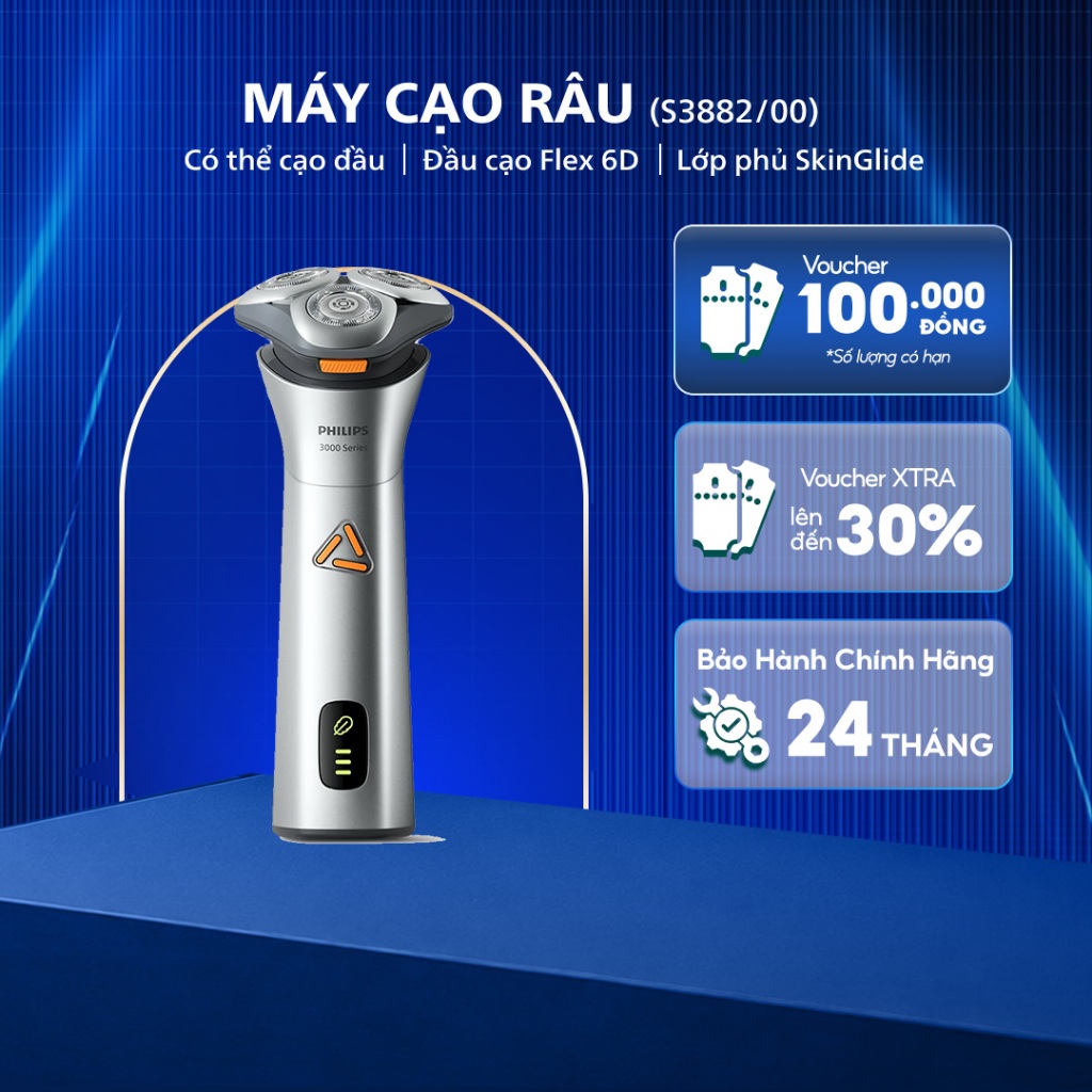 Máy Cạo Râu Khô Và Ướt PHILIPS S3882/00, Đầu Cạo Flex 6D, Lớp Phủ SkinGlide Bảo Hành Chính Hãng 24 Tháng