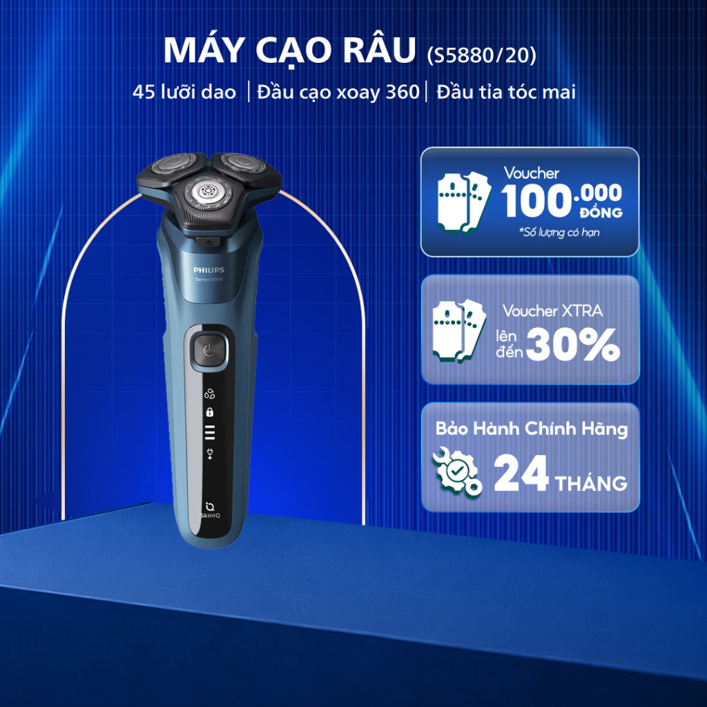Máy Cạo Râu Khô và Ướt PHILIPS S5880/20 - Đầu Cạo Linh Hoạt 360 độ - Bảo Hành Mở Rộng 5 năm